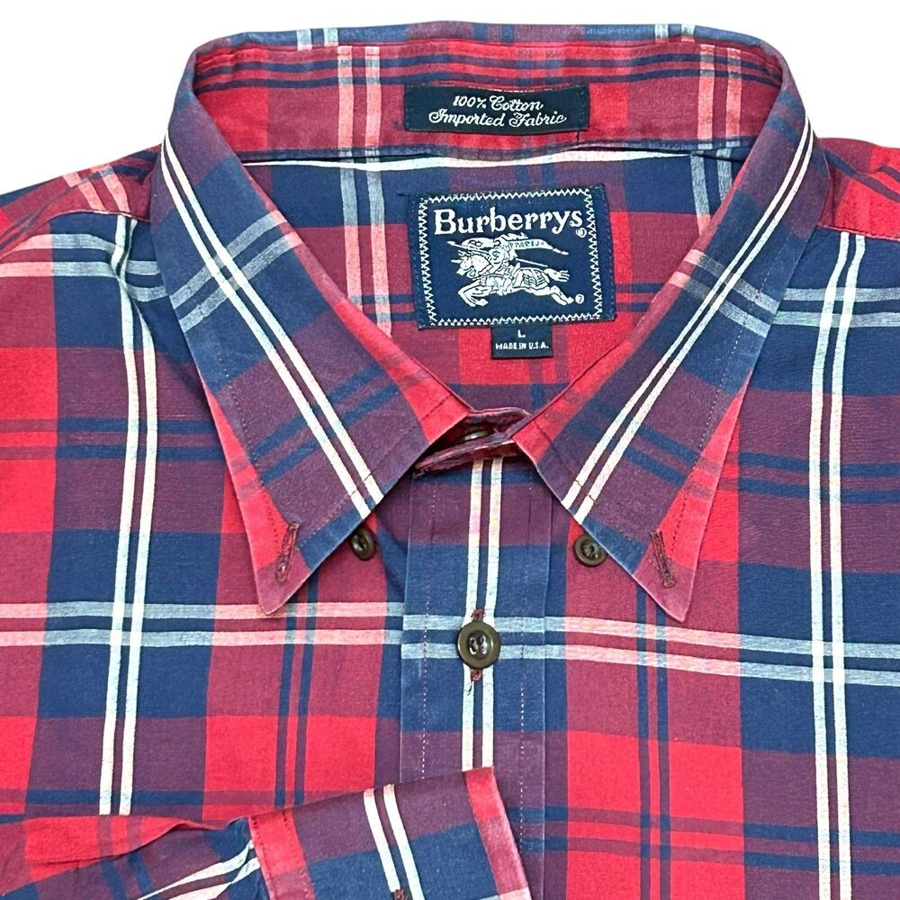 Burberrys Red and Navy Plaid Button-Down Shirt